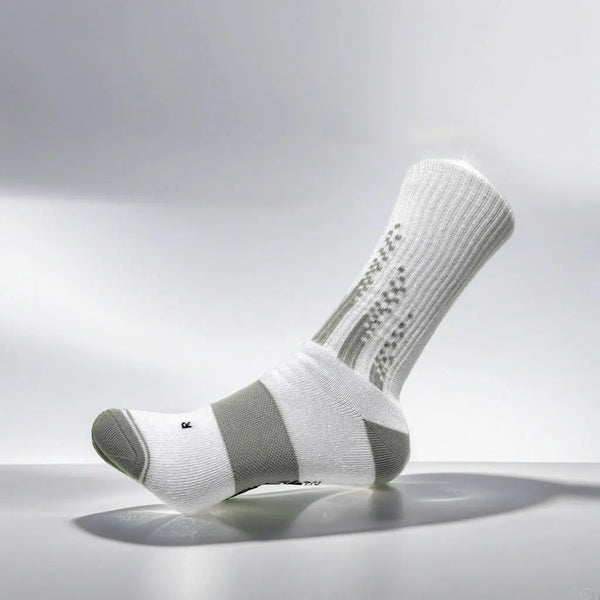 Pickleball Socks Crew white and grey with moisture-wicking and arch support design.